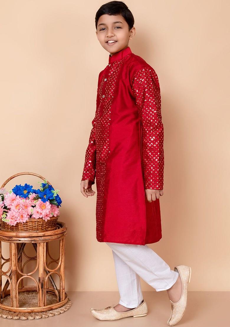 Maroon Embroidered Blended Kurta Set For Boys - Indya