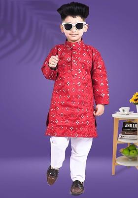 Red Embroidered Silk Kurta Set For Boys