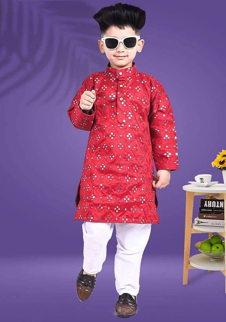 Red Embroidered Silk Kurta Set For Boys - Indya