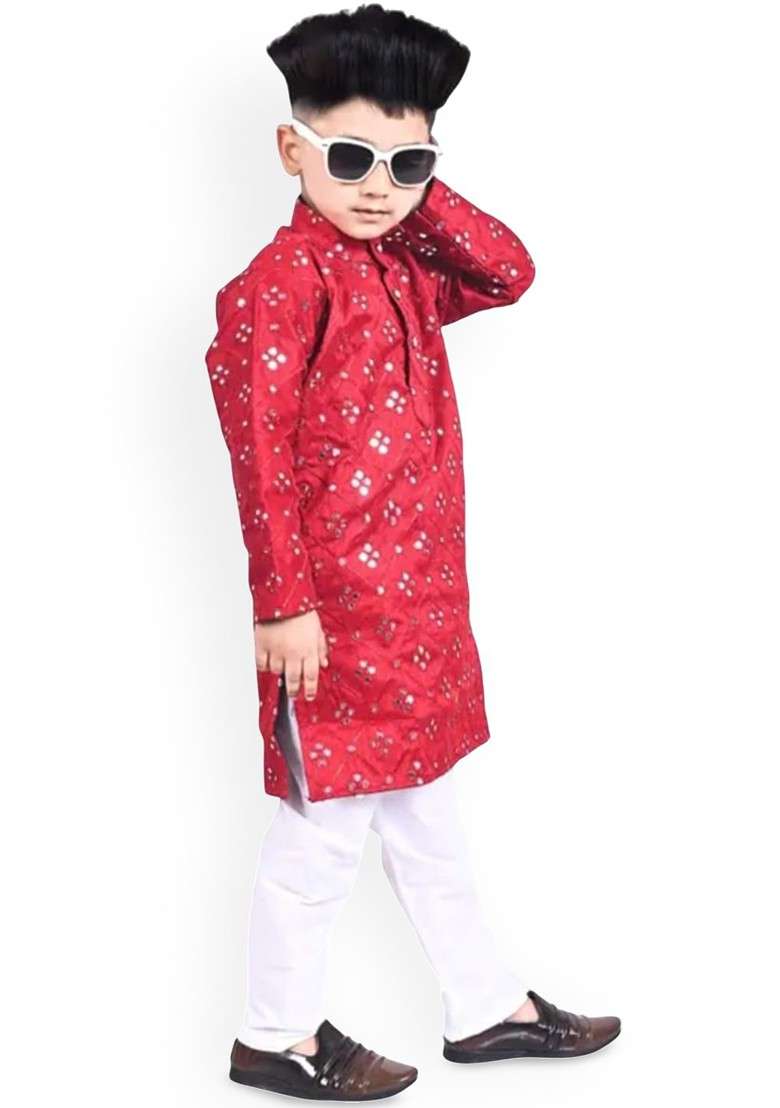 Red Embroidered Silk Kurta Set For Boys - Indya