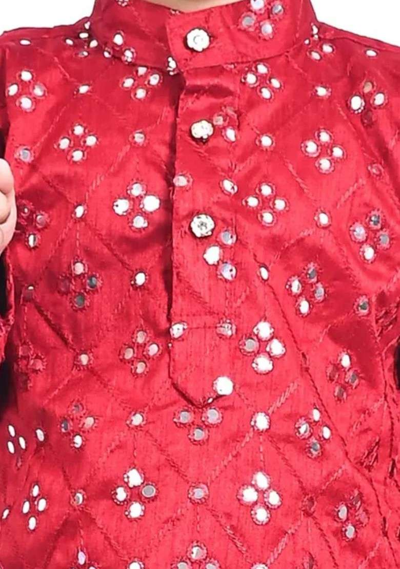 Red Embroidered Silk Kurta Set For Boys - Indya