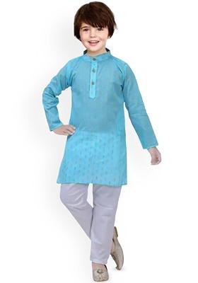 Blue Embroidered Silk Kurta Set For Boys