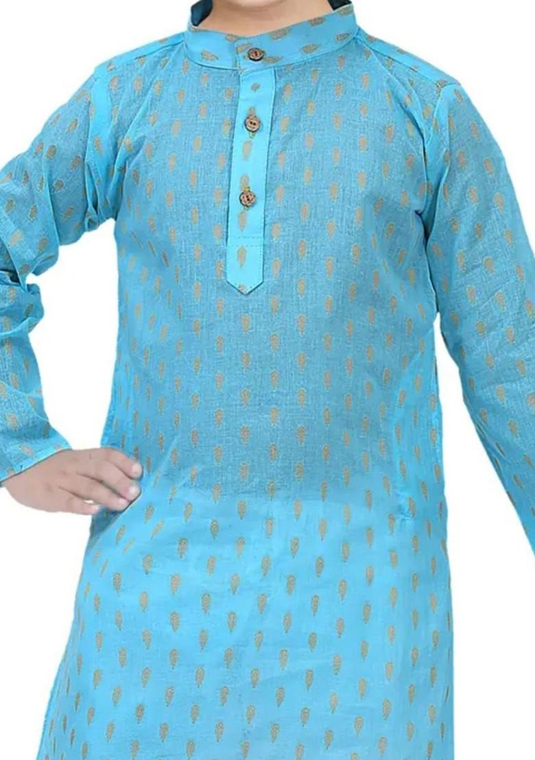 Blue Embroidered Silk Kurta Set For Boys - Indya