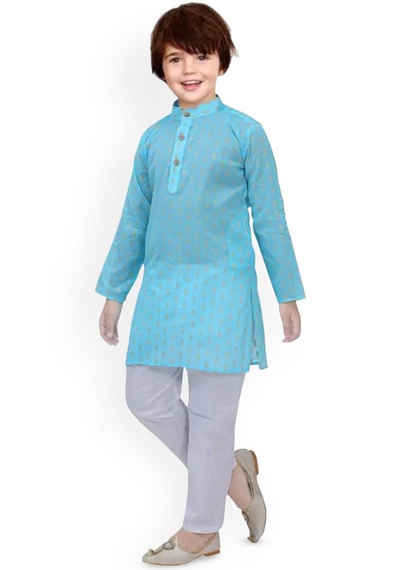 Blue Embroidered Silk Kurta Set For Boys - Indya