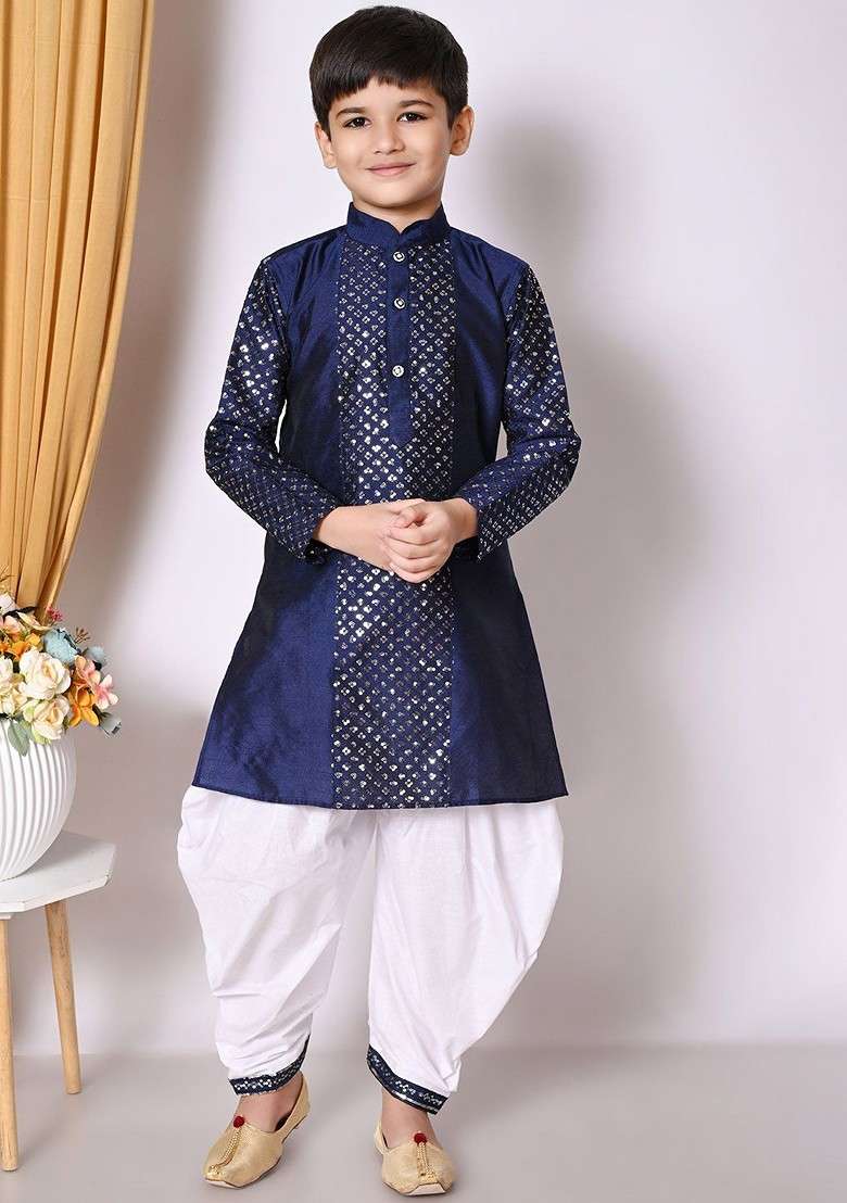 Navy Blue Embroidered Silk Kurta Set For Boys - Indya