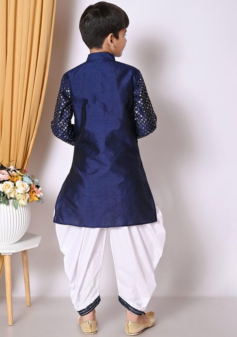 Navy Blue Embroidered Silk Kurta Set For Boys - Indya