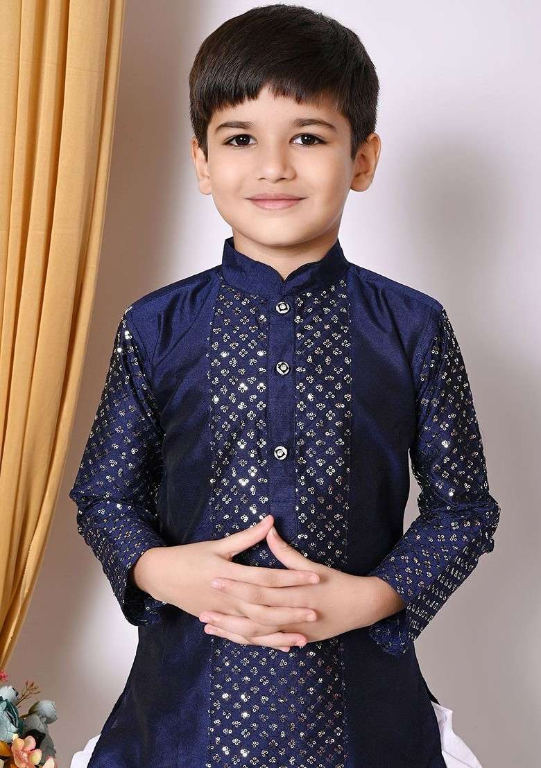 Navy Blue Embroidered Silk Kurta Set For Boys - Indya