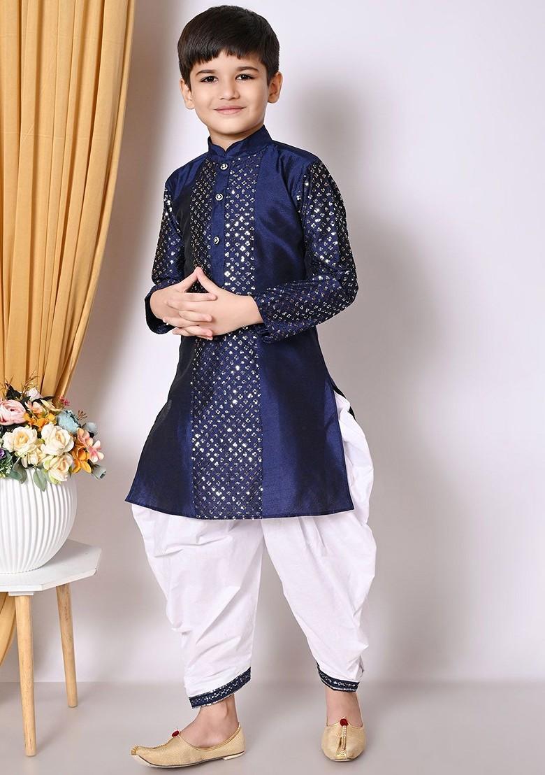 Navy Blue Embroidered Silk Kurta Set For Boys - Indya