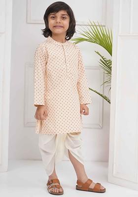 Beige Printed Blended Kurta Dhoti Set For Boys