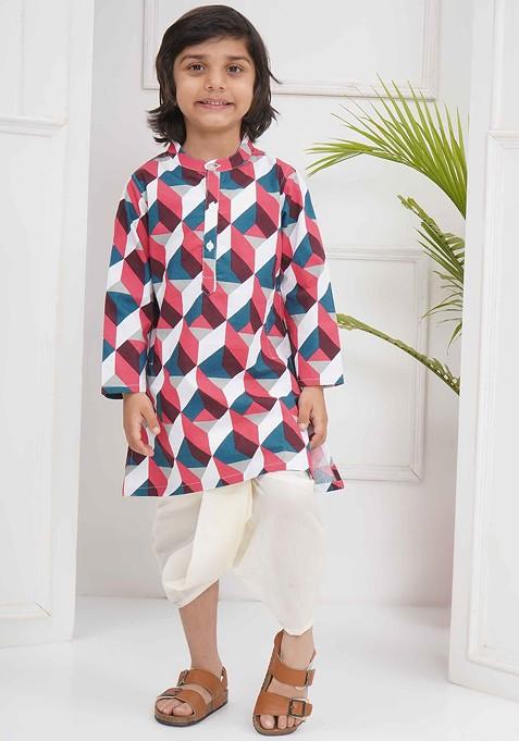 White Printed Blended Kurta Dhoti Set For Boys — view on Indya