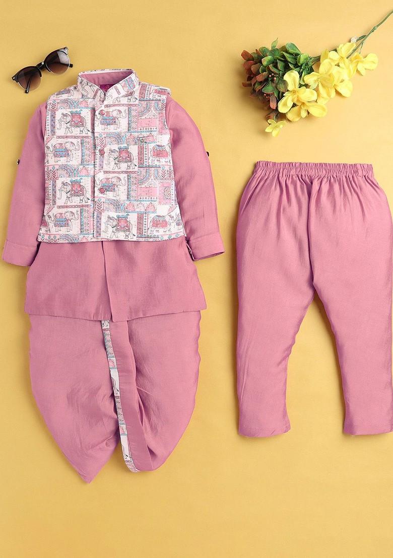 Mauve Solid Blended Nehru Jacket Set For Boys - Indya