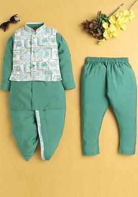 Turquoise Blue Solid Blended Kurta Dhoti Set For Boys