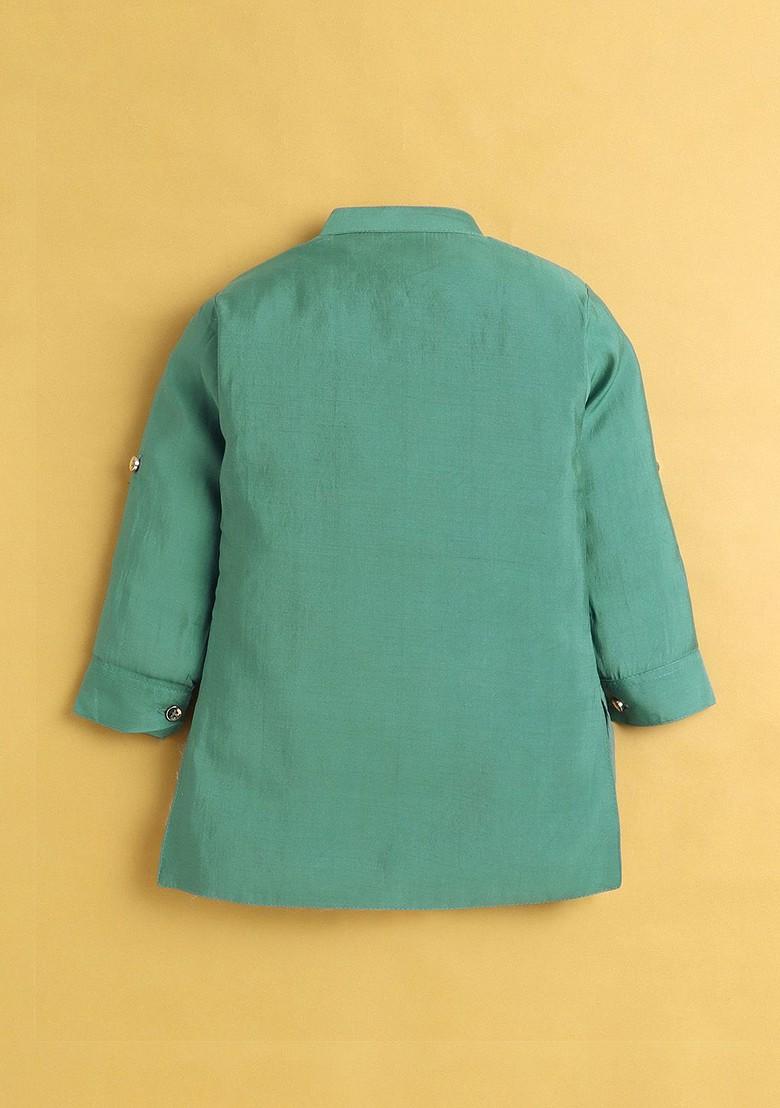 Turquoise Blue Solid Blended Kurta Dhoti Set For Boys - Indya