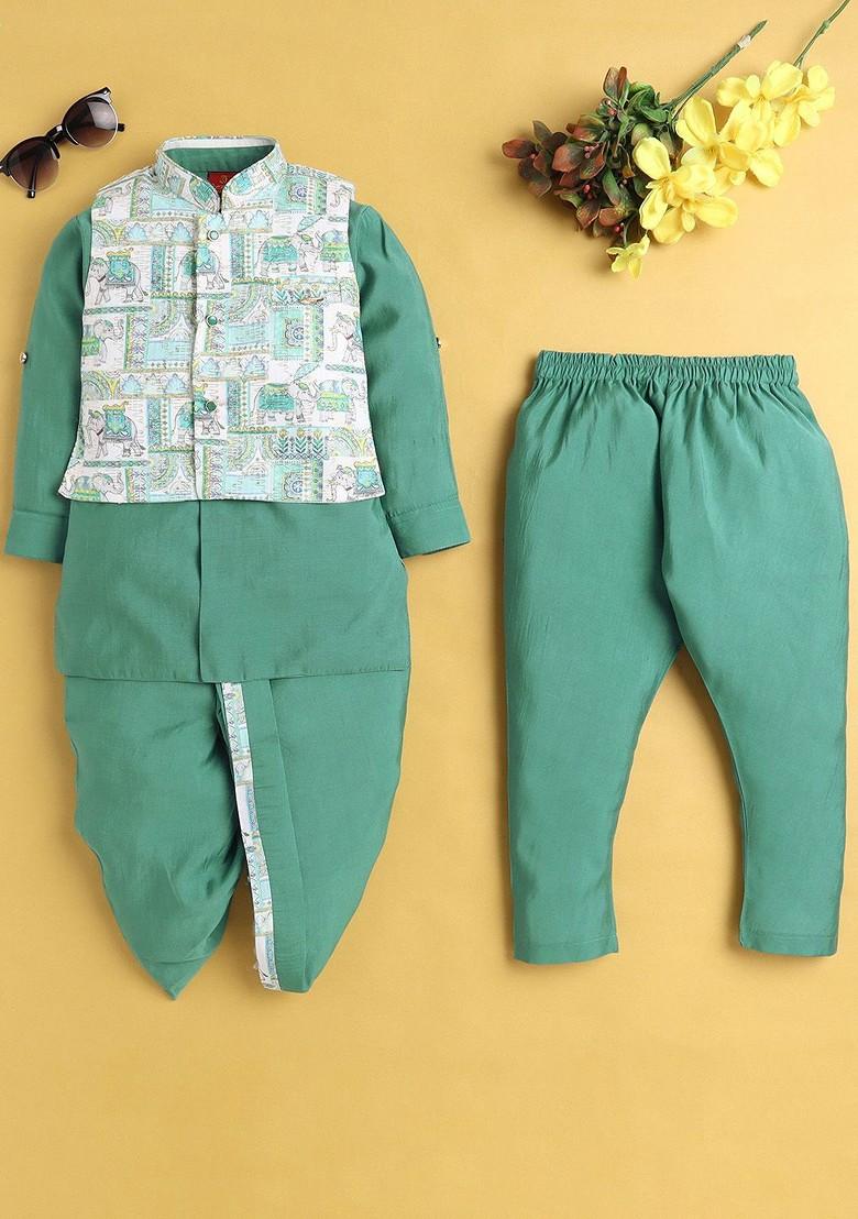 Turquoise Blue Solid Blended Kurta Dhoti Set For Boys - Indya