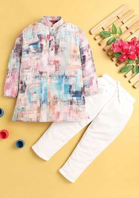 Pink Printed Blended Kurta Set For Boys