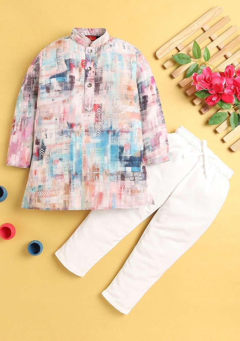 Pink Printed Blended Kurta Set For Boys - Indya