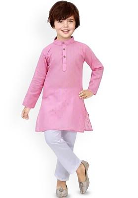 Pink Woven Design Silk Kurta Set For Boys