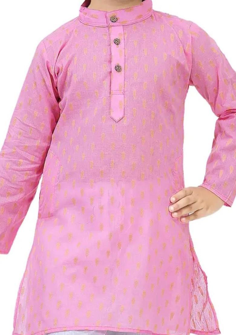 Pink Woven Design Silk Kurta Set For Boys - Indya