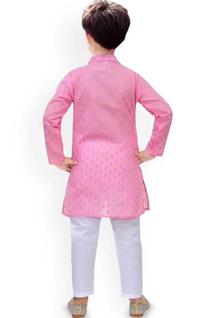 Pink Woven Design Silk Kurta Set For Boys - Indya