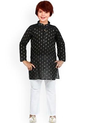 Black Woven Design Silk Kurta Set For Boys