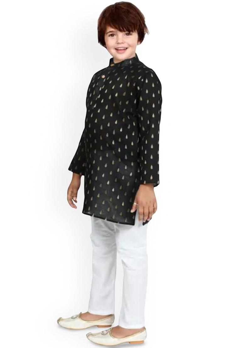 Black Woven Design Silk Kurta Set For Boys - Indya