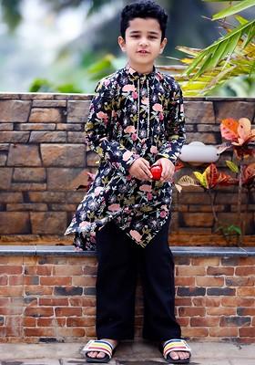 Black Printed Cotton Kurta Set For Boys