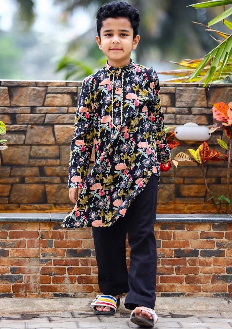 Black Printed Cotton Kurta Set For Boys - Indya