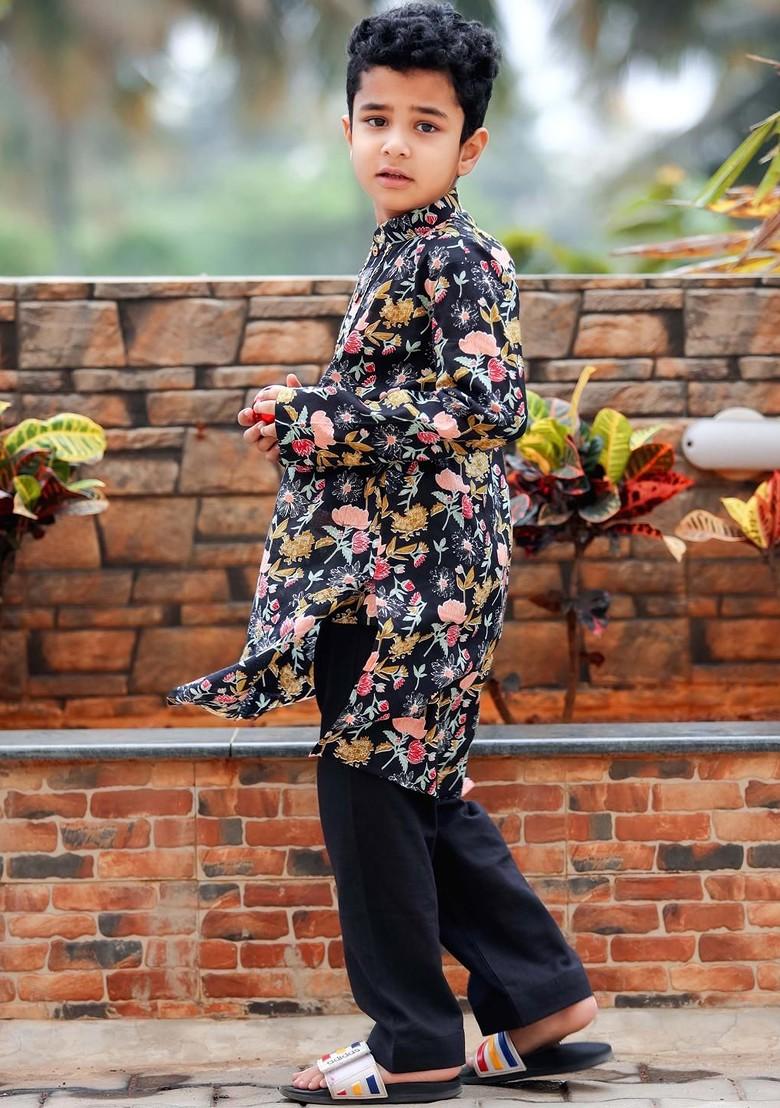 Black Printed Cotton Kurta Set For Boys - Indya