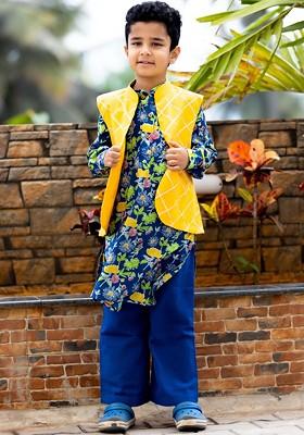 Blue Printed Cotton Nehru Jacket Set For Boys