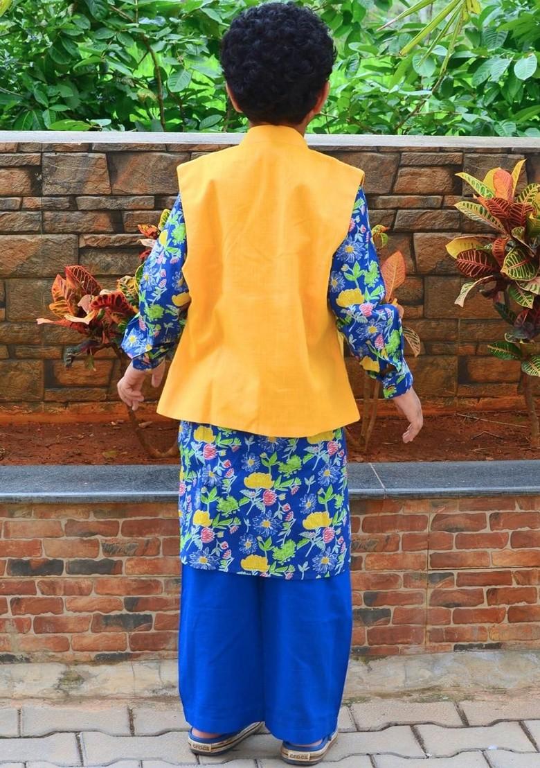 Blue Printed Cotton Nehru Jacket Set For Boys - Indya