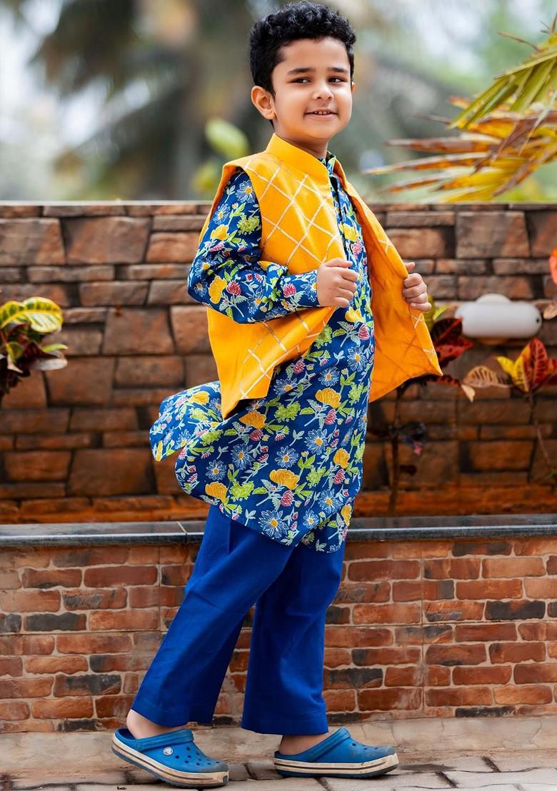 Blue Printed Cotton Nehru Jacket Set For Boys - Indya