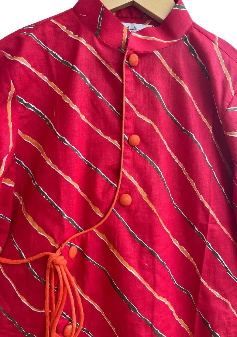 Red Printed Cotton Kurta Set For Boys - Indya