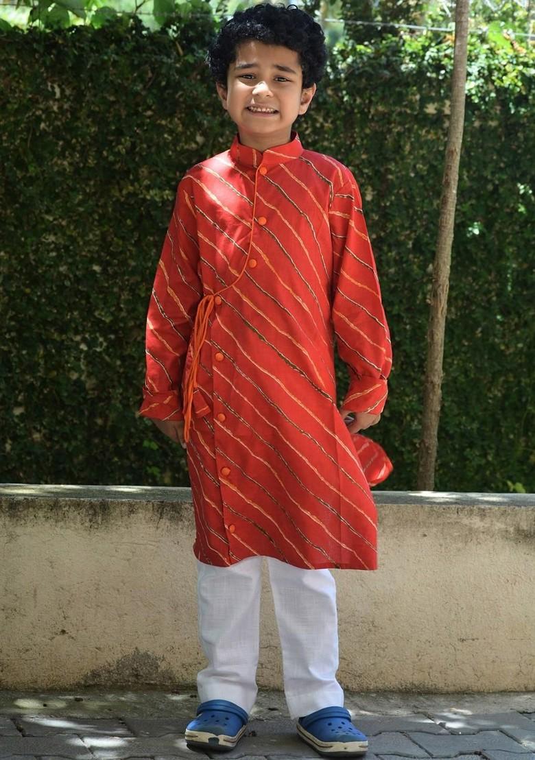 Red Printed Cotton Kurta Set For Boys - Indya