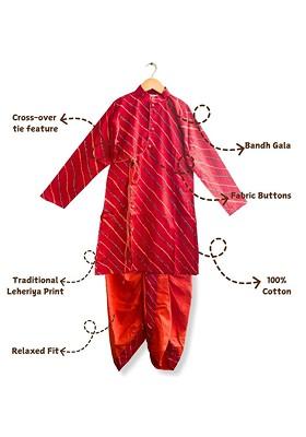 Red Printed Cotton Kurta Dhoti Set For Boys