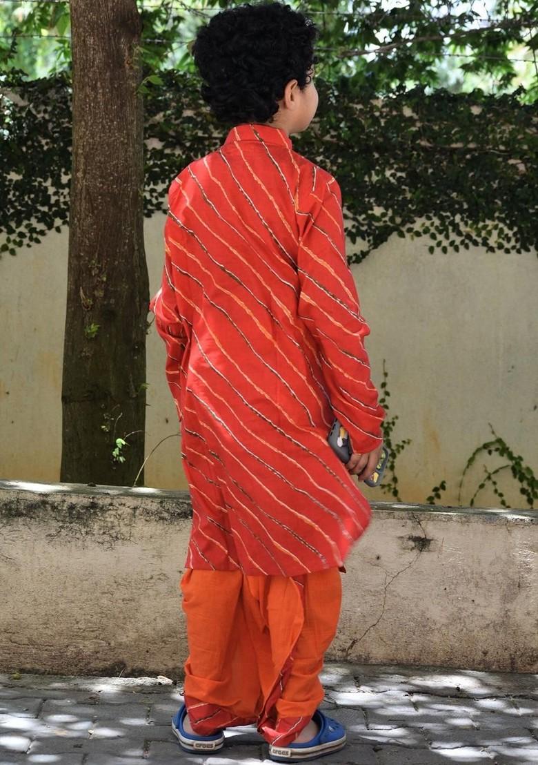 Red Printed Cotton Kurta Dhoti Set For Boys - Indya