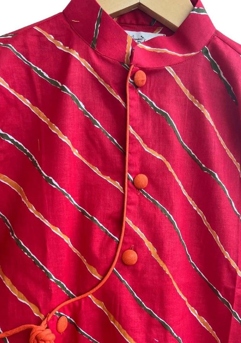 Red Printed Cotton Kurta Dhoti Set For Boys - Indya