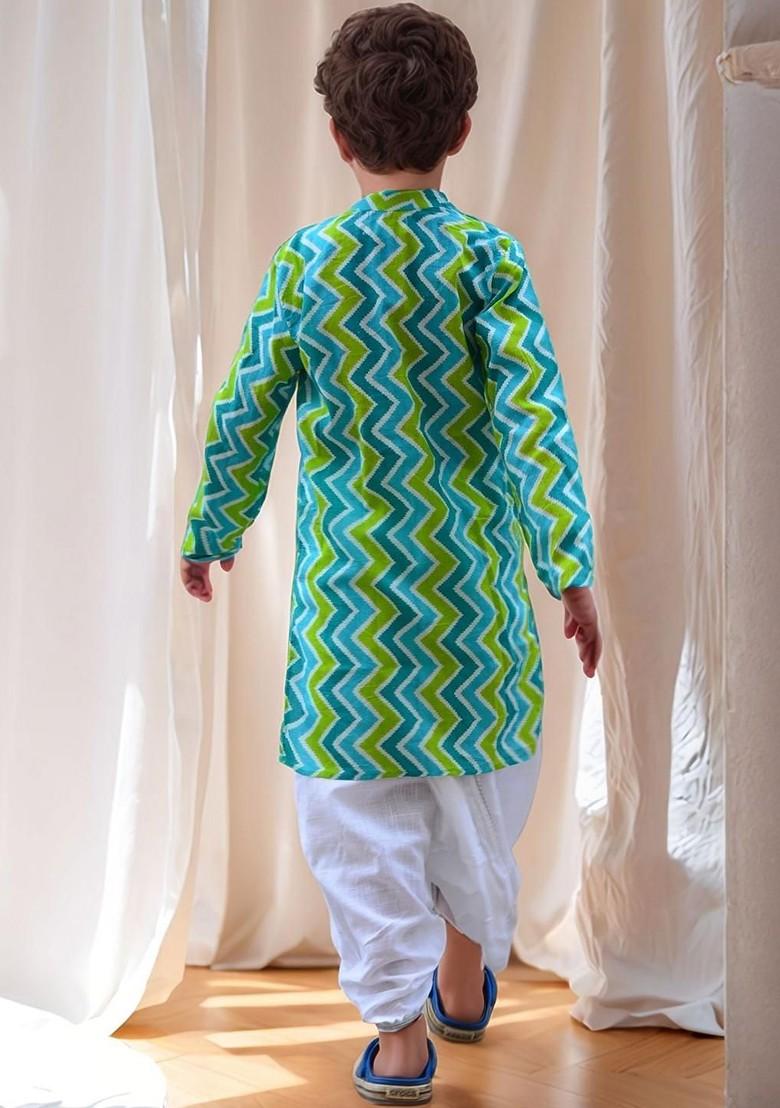 Green Printed Cotton Kurta Dhoti Set For Boys - Indya