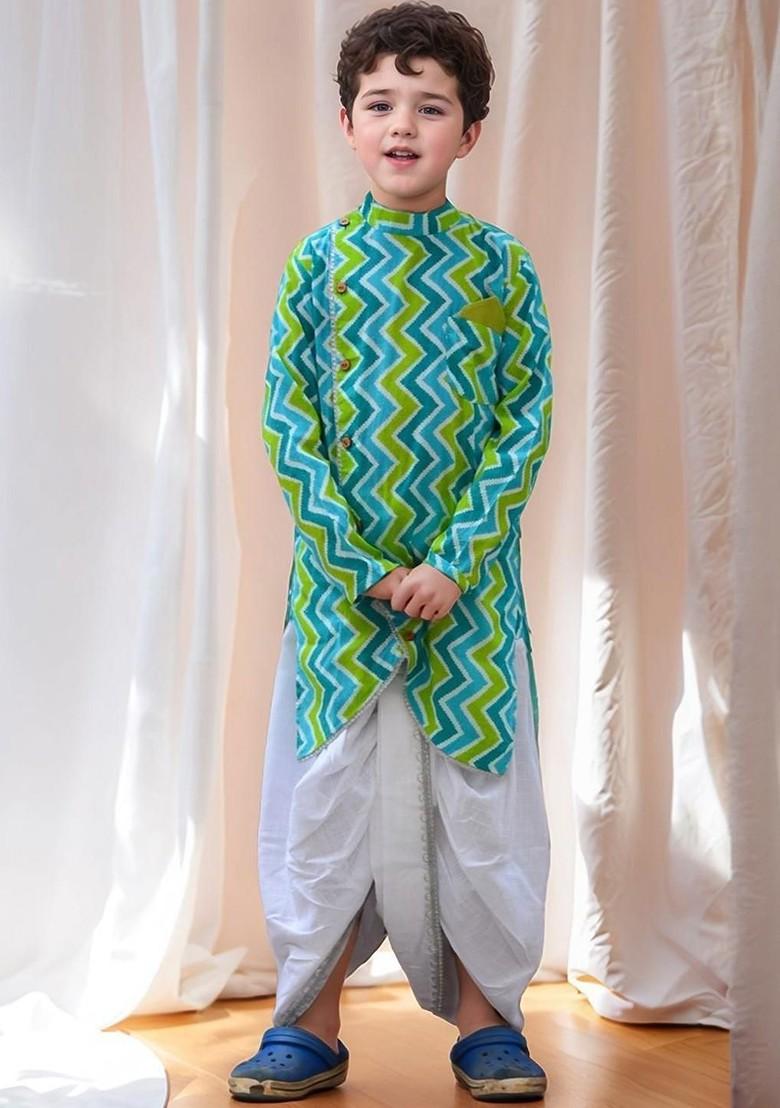 Green Printed Cotton Kurta Dhoti Set For Boys - Indya