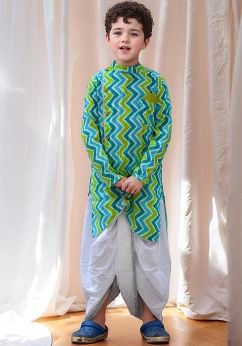 Green Printed Cotton Kurta Dhoti Set For Boys — view on Indya