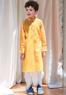 Mustard Gotta Patti Work Cotton Kurta Dhoti Set For Boys