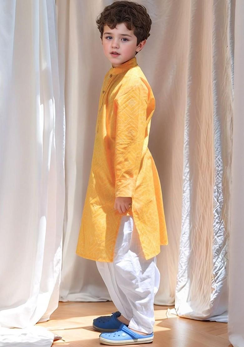 Mustard Gotta Patti Work Cotton Kurta Dhoti Set For Boys - Indya