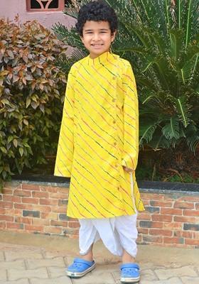 Yellow Printed Cotton Kurta Dhoti Set For Boys