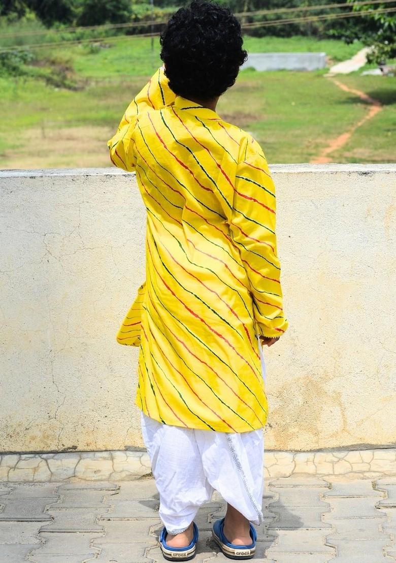 Yellow Printed Cotton Kurta Dhoti Set For Boys - Indya