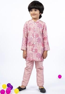 Pink Embroidered Silk Kurta Set For Boys