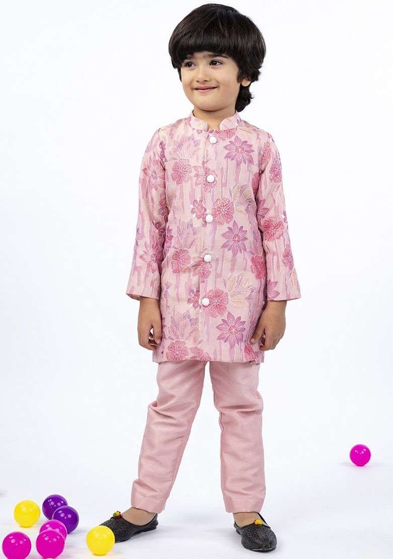 Pink Embroidered Silk Kurta Set For Boys - Indya