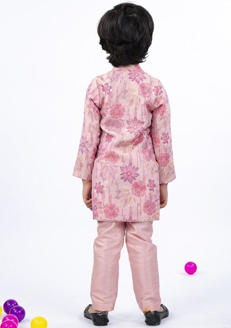 Pink Embroidered Silk Kurta Set For Boys - Indya