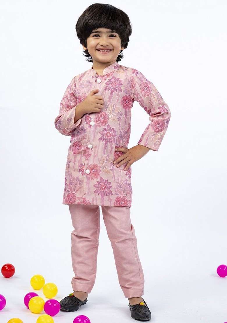Pink Embroidered Silk Kurta Set For Boys - Indya