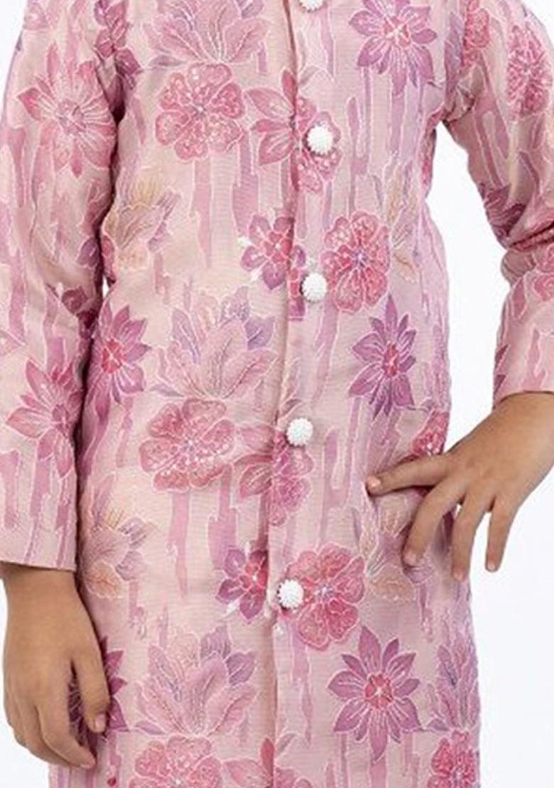 Pink Embroidered Silk Kurta Set For Boys - Indya