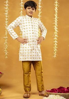 Off White Embroidered Blended Kurta Set For Boys