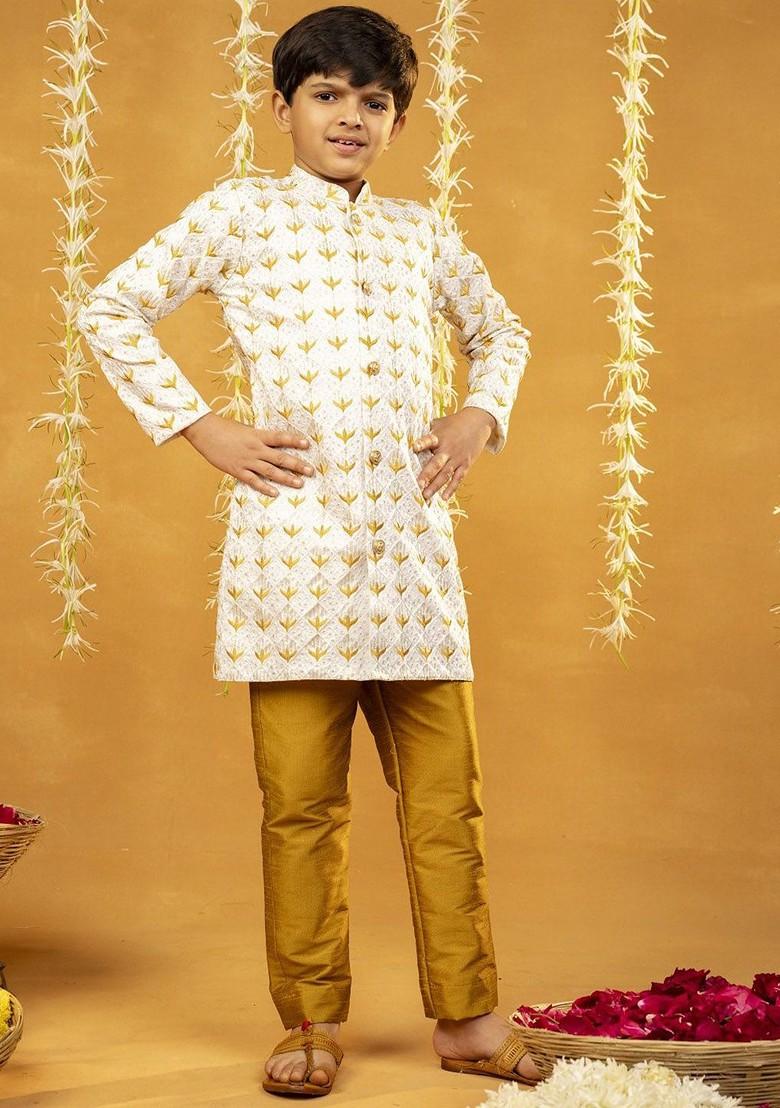 Off White Embroidered Blended Kurta Set For Boys - Indya